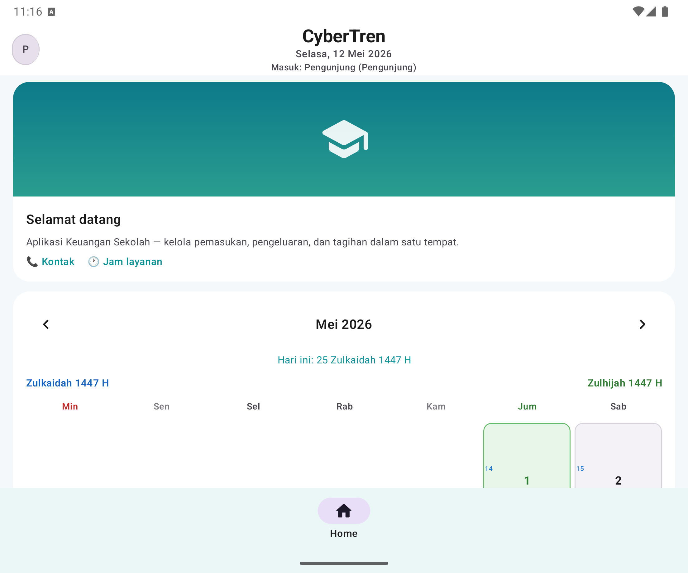 Tampilan halaman Home aplikasi Cybertren