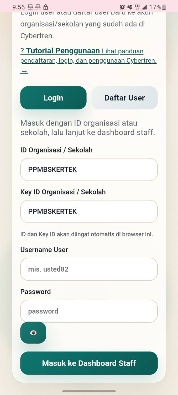 Tampilan login Cybertren Web di ponsel